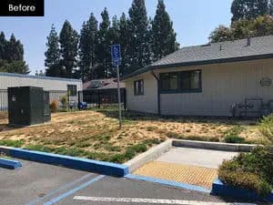 Before image of a parking area with unmaintained grass and a nearby utility box.