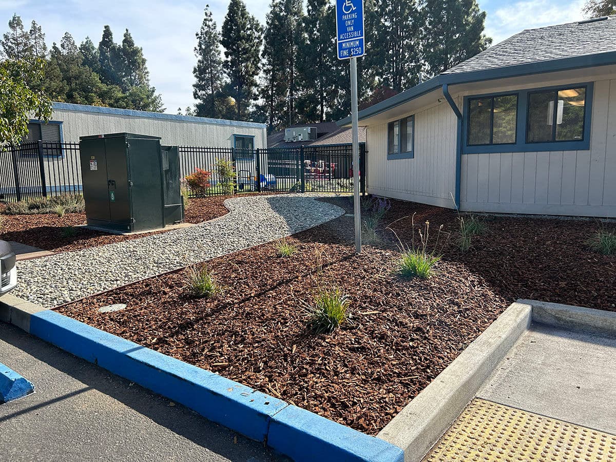Accessible path through a landscaped area with mulch and plants near a building entrance.