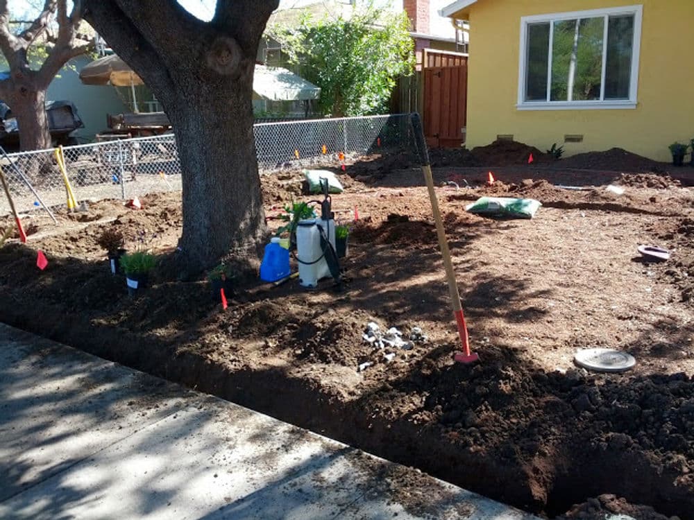 Landscape construction site with a tree, tools, and marked areas for gardening planning.