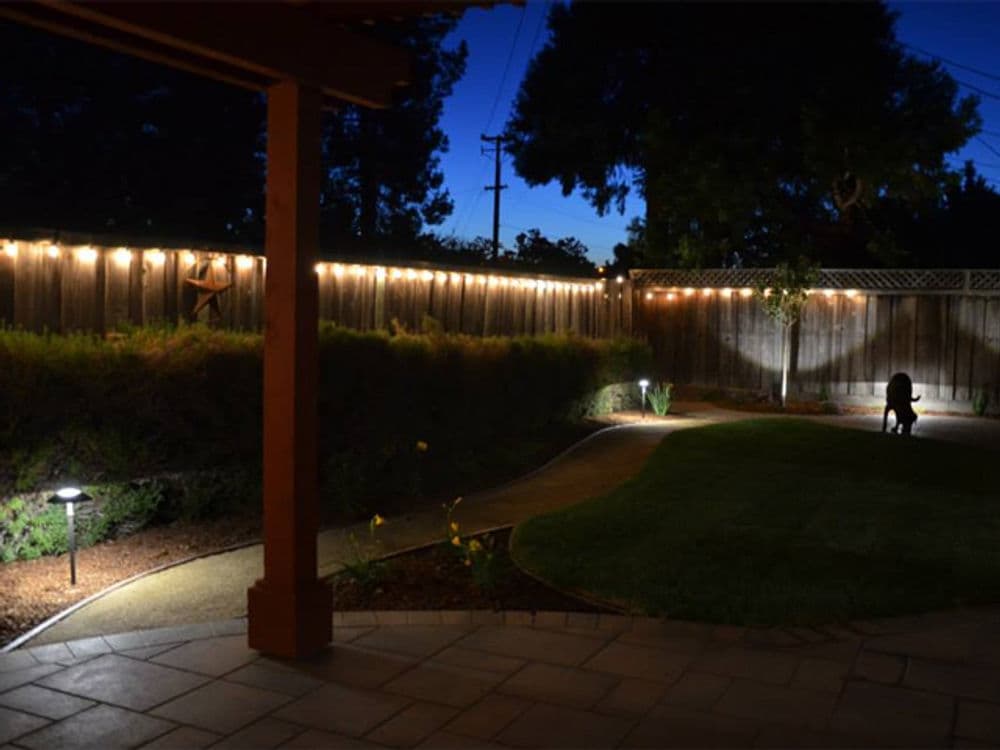 Cozy backyard with string lights illuminating a pathway and a dog sitting in the evening.