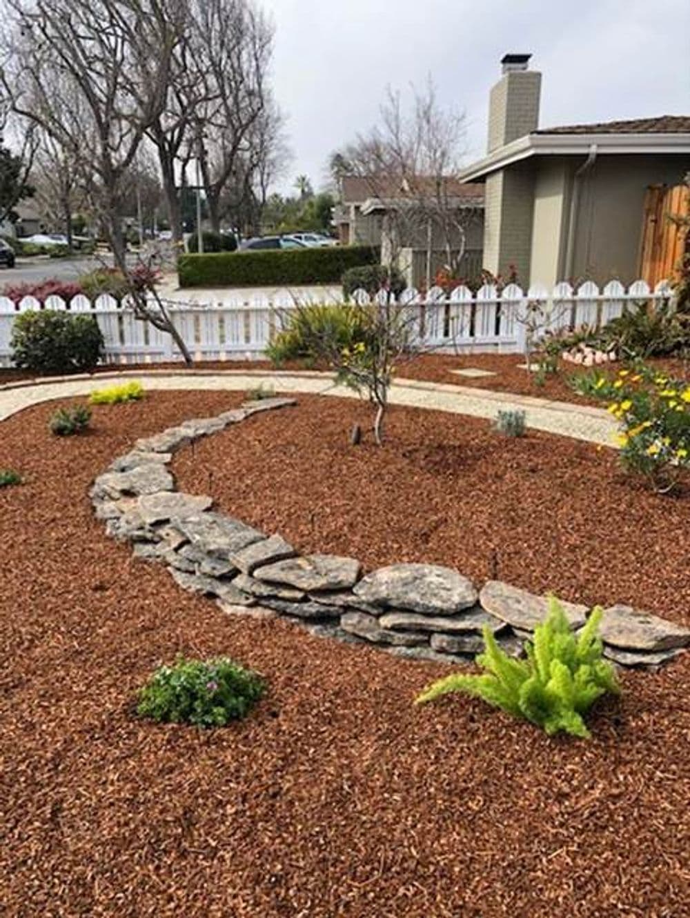 Landscaped garden featuring stone pathway, mulch, and diverse plants with residential backdrop.