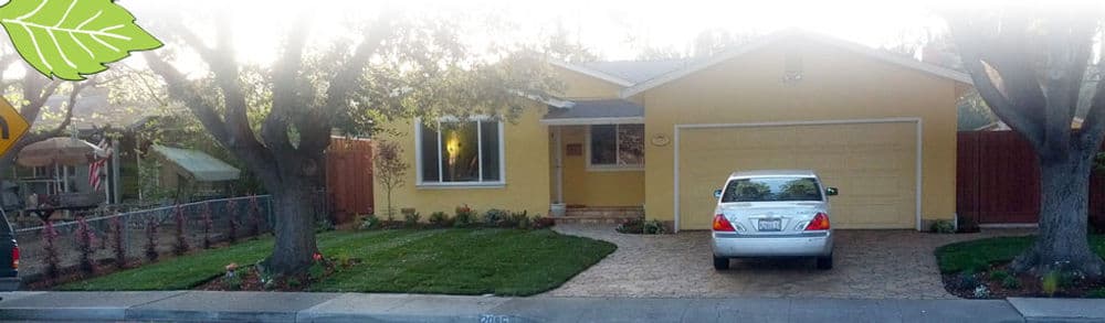 Yellow house with a car parked in the driveway, surrounded by trees and a landscaped front yard.