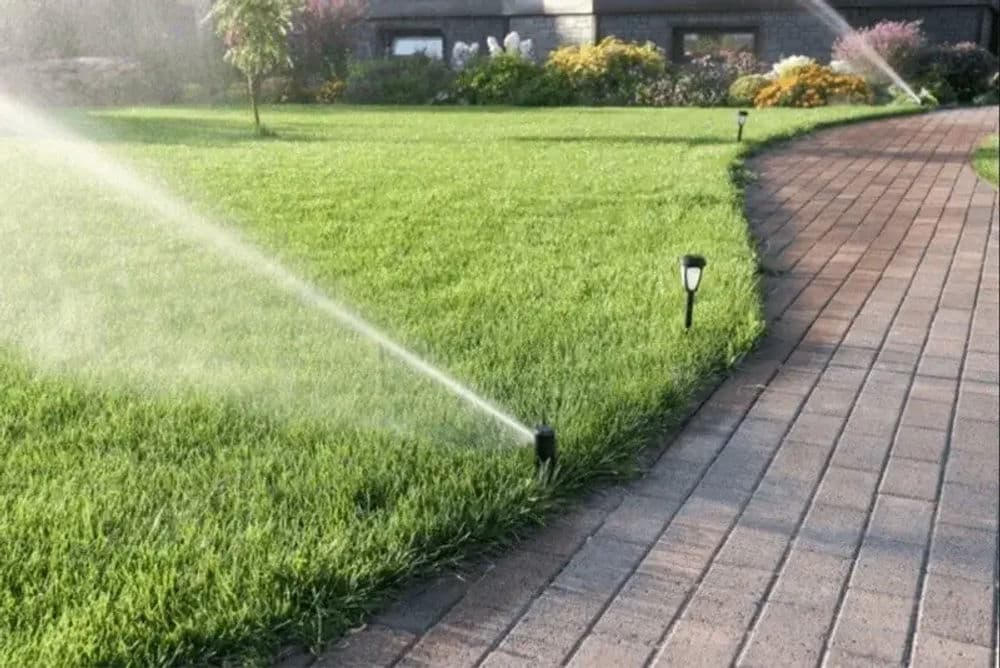 Lawn sprinkler system watering green grass along a stone pathway in a landscaped garden.
