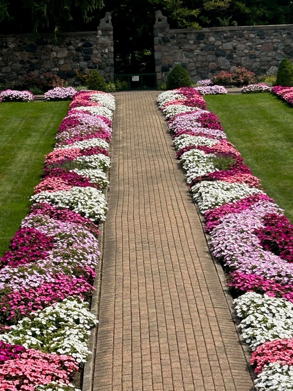Colorful flower beds lining a brick pathway in a landscaped garden. Green grass at edges.