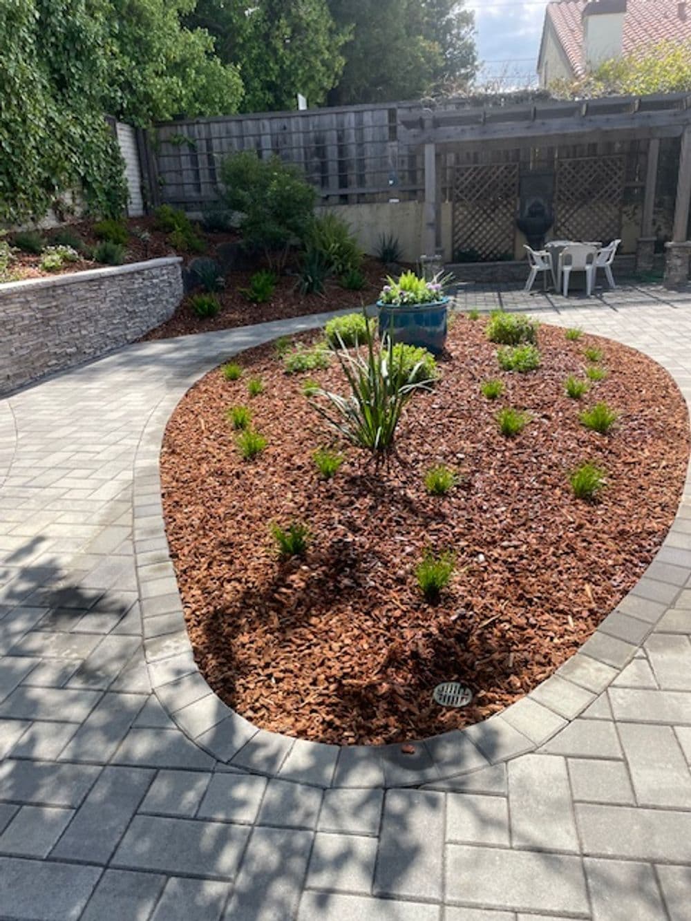 landscaped garden with gravel pathways, fresh plants, and a cozy seating area.
